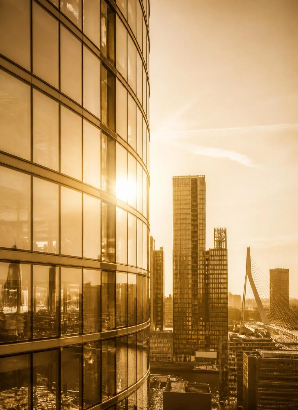 Fachada de vidro de torre corporativa com sol refletido e skyline ao fundo, em tom sépia quente